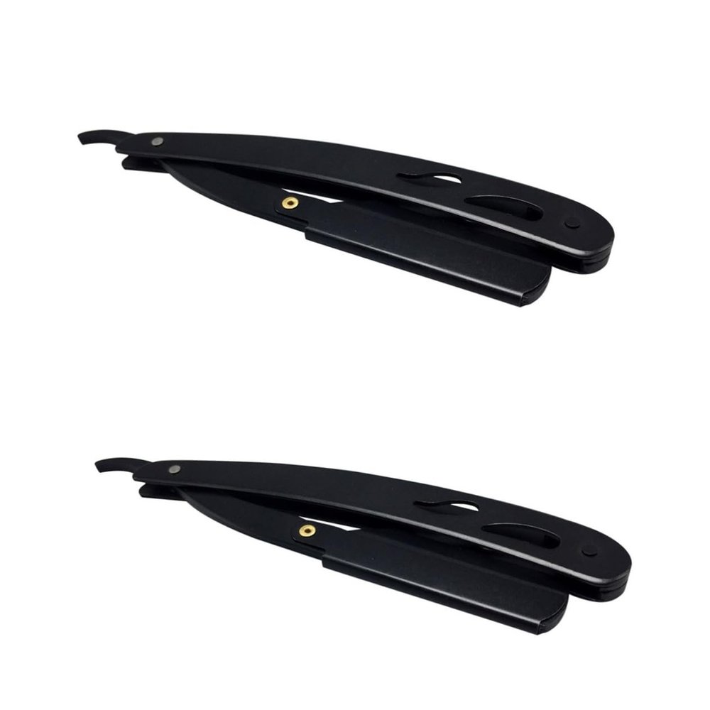 Cabilock 2pcs Stainless Steel Manual for Men Vintage Black Folding Straight for Barbers for Shaving Beard and Fine Hair Easy to Use and Travel-friendly