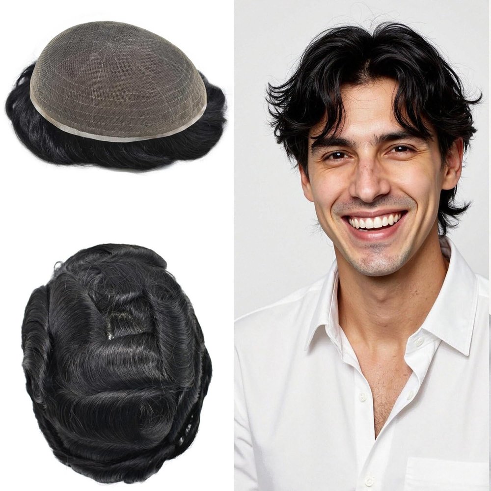Mens Toupee Hair Piece Toupee For Men Real Human Hair Full French Lace Hair System For Men Hair Replacement System Mens Hair Piece For Men Protesis Capilar Para Hombre6x8-1# JET BLACK