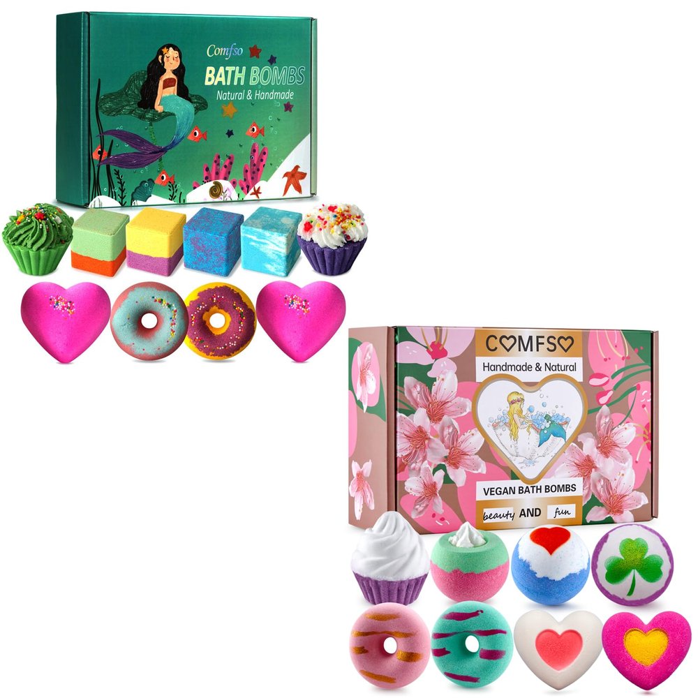 2 Set comfso Bath Bombs, 10 pcs Kids Bath Bombs Gift Set & 8 pcs Sweet and Romantic Women Bath Bombs for Christmas Birthday Gifts