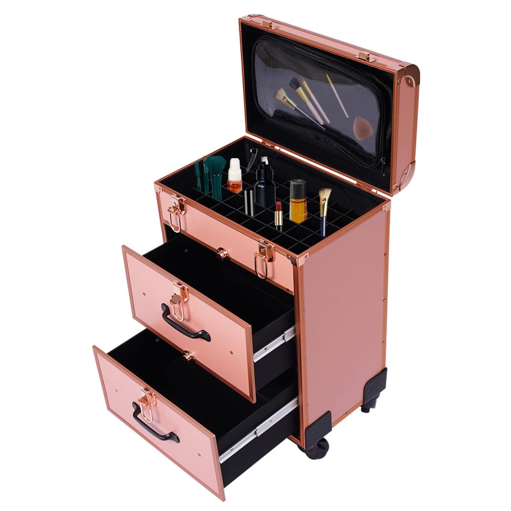 3 Layers Makeup Rolling Train Case, Professional Cosmetic Organizer Box W/ Drawers, Large Cosmetic Trolley W/ Locks, Cosmetics Storage Organizer Make up Case for Travel Makeup/Nail Art (Gold)
