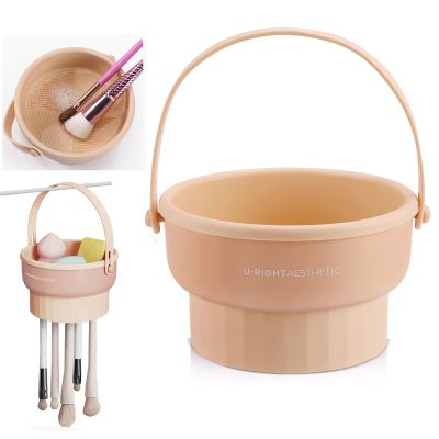 UPTOZOBLY 3 in 1 Brush Cleaning Mat with Brush Drying Holder, Silicone Makeup Brush Cleaner Mat Make Up Brush Cleaning Bowl Cosmetic Brush Washing Tool for Makeup Brush, Sponge, Powder Puff (Khaki)