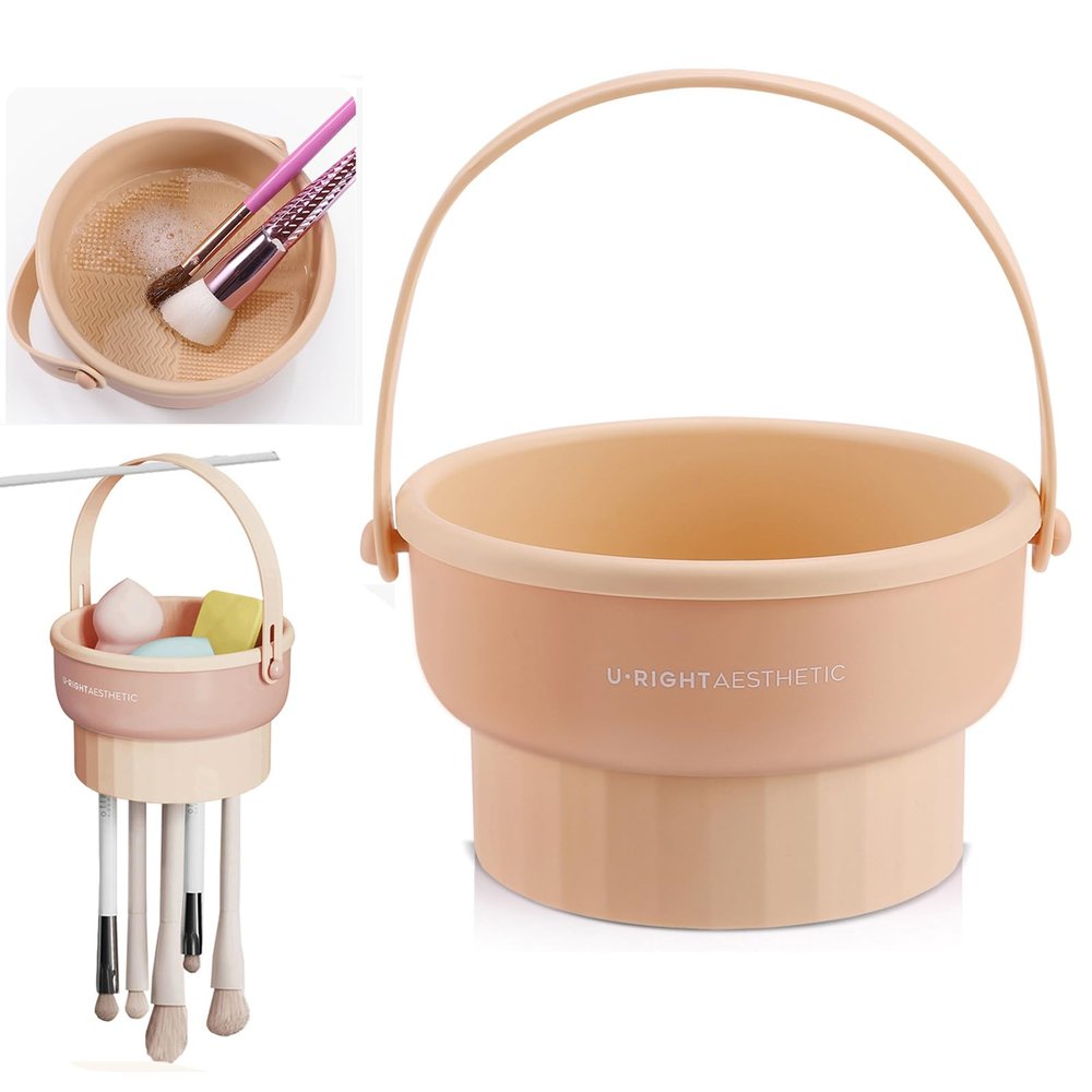 UPTOZOBLY 3 in 1 Brush Cleaning Mat with Brush Drying Holder, Silicone Makeup Brush Cleaner Mat Make Up Brush Cleaning Bowl Cosmetic Brush Washing Tool for Makeup Brush, Sponge, Powder Puff (Khaki)