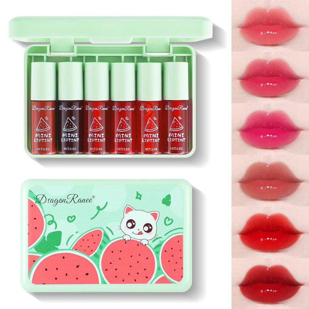 Eakroo 6 Colors Watermelon Lip Stain Set, Korean Velvet Watery Lip Tint Moisturizing Mini Liquid Lip Gloss, Lipstick for Women, Blush for Cheeks, Cute Stuff, Long-Lasting, Vivid Color, High Pigment