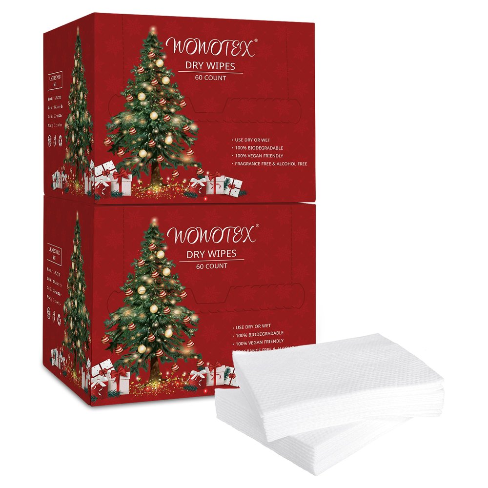 Christmas Style WOWOTEX Disposable Face Towel Biodegradable Large Dry Face Wipes 120 Count/2 Box Extra Thick Soft Clean Facial Towels for Sensitive Skin, Facial Cleansing, Nursing, 10"12"