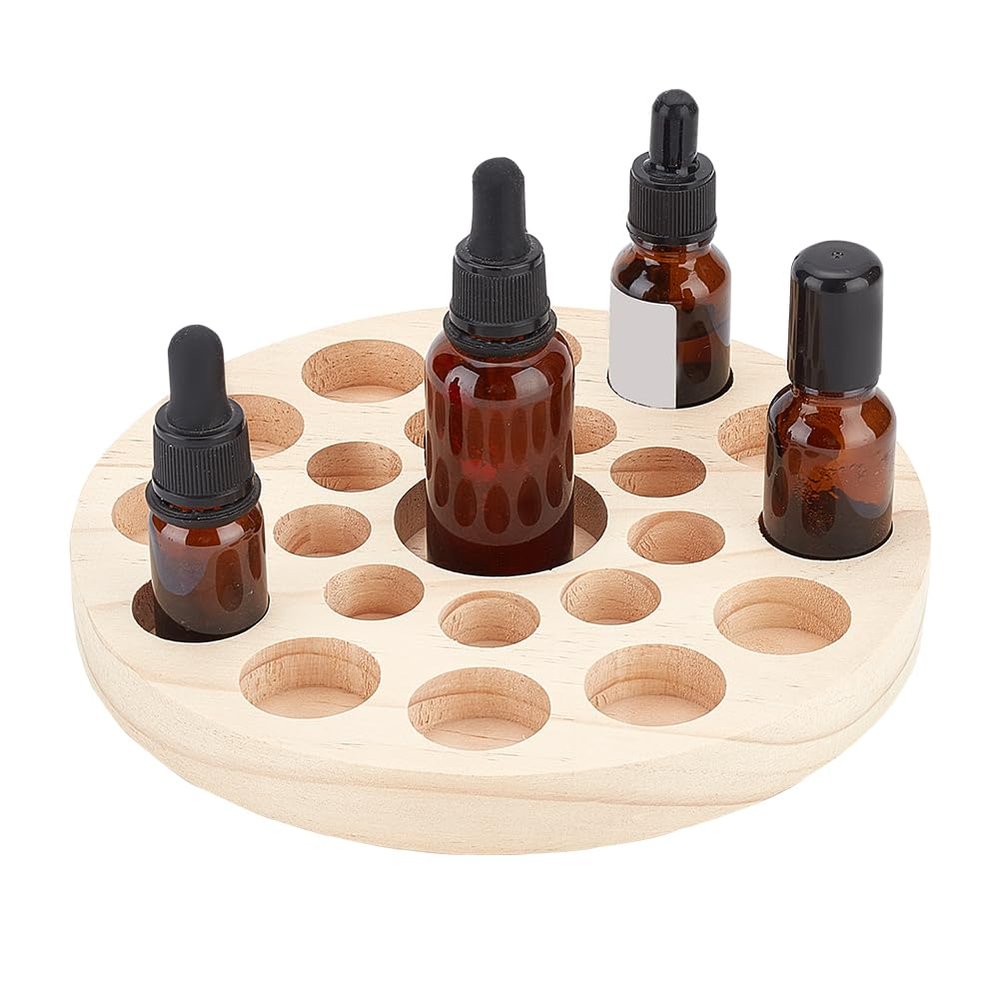 AHANDMAKER 22 Slots Small Essential Oil Bottle Holder, Wood Round Storage Display Rack Tabletop Essential Oil Bottles Wooden Storage Display Stand for Home Salon
