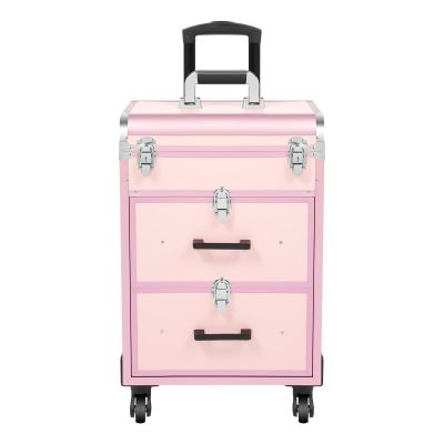 PIAOCAIYIN 3 In 1 Rolling Makeup Case, Portable Makeup Suitcase, Makeup Cart with Wheels, Makeup Rolling Case w/Key, Make Up Case Travelling for Make-Up Artists, Aluminum -Pink