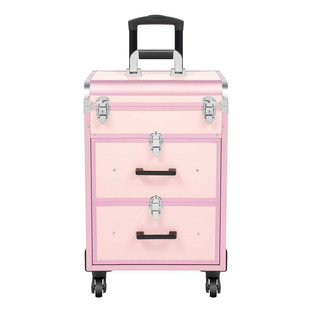 PIAOCAIYIN 3 In 1 Rolling Makeup Case, Portable Makeup Suitcase, Makeup Cart with Wheels, Makeup Rolling Case w/Key, Make Up Case Travelling for Make-Up Artists, Aluminum -Pink