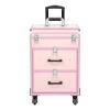 PIAOCAIYIN 3 In 1 Rolling Makeup Case, Portable Makeup Suitcase, Makeup Cart with Wheels, Makeup Rolling Case w/Key, Make Up Case Travelling for Make-Up Artists, Aluminum -Pink view 1