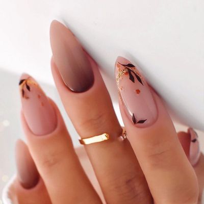 Fall Press on Nails Medium Almond SWEKKE Fake Nails Brown Gradient Full Cover Leaves False Nails with Designs Glitter Glossy Glue on Nails Manicure Artificial Acrylic Nails for Women Girls 24Pcs