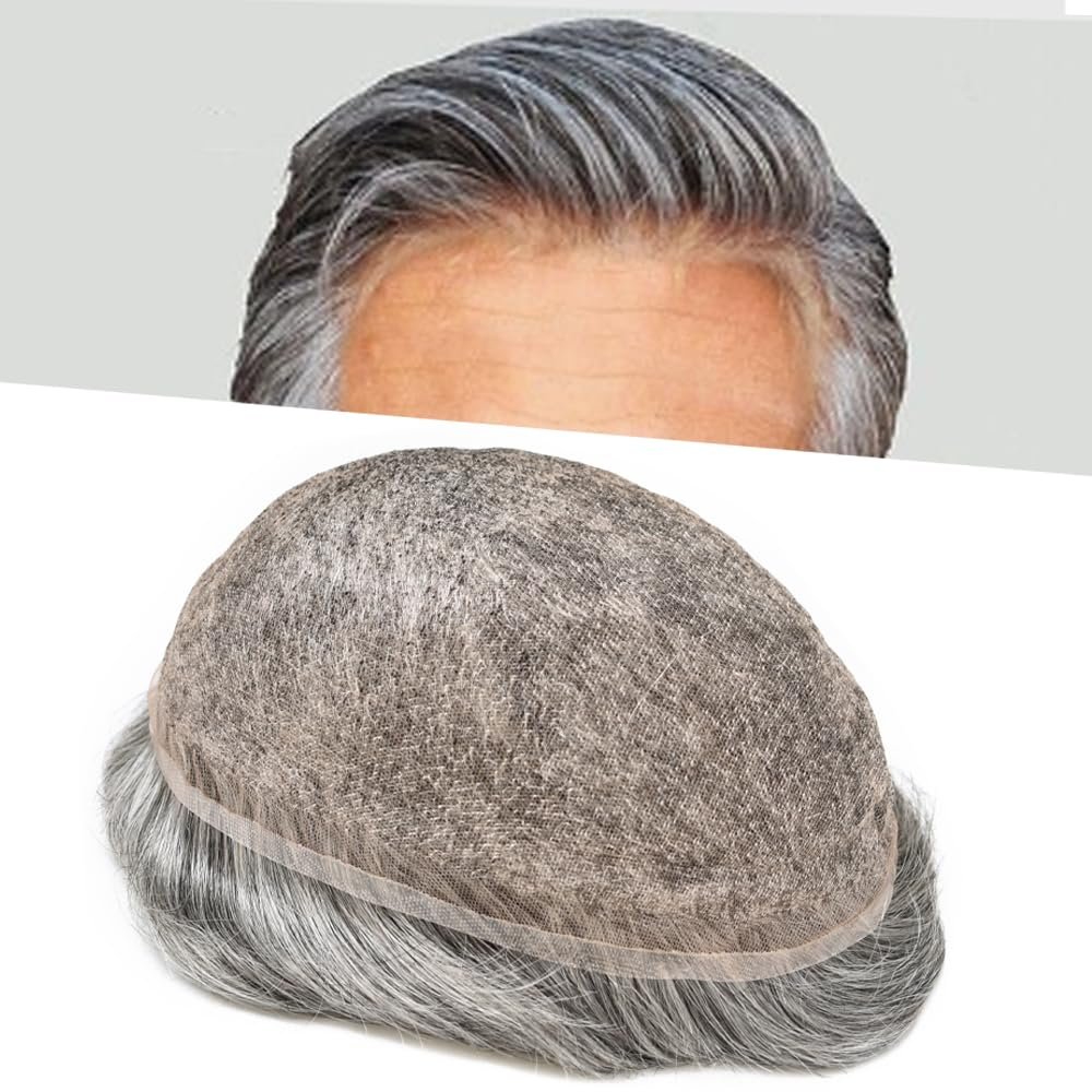 Soft Full French Lace Mens Toupee Human Hair System Toupee For Men Natural Hairline Male Hair Prosthesis Breathable Hairpiece 8"X10"#1B80 Off Black with 80% gray hair -90% density