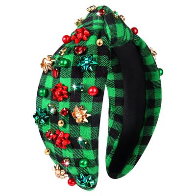 NVENF Jeweled Knotted Plaid Headband with Crystals and Pearls - Wide Top Knot Hair Accessory for Women, Christmas and Holiday Gift (Xmas Bow 2)