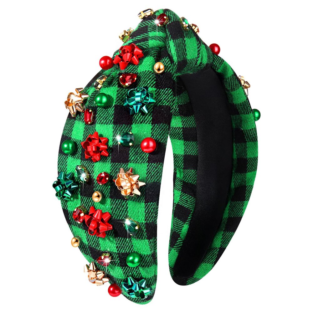 NVENF Jeweled Knotted Plaid Headband with Crystals and Pearls - Wide Top Knot Hair Accessory for Women, Christmas and Holiday Gift (Xmas Bow 2)