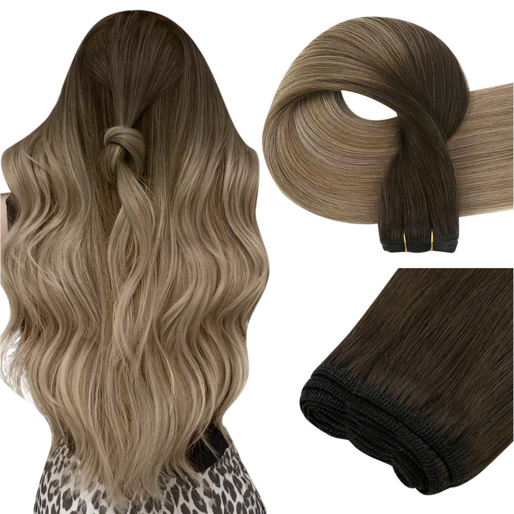 Easyouth Sew in Hair Extensions Human Hair Ombre Weft Hair Extensions Human Hair Dark Brown Ombre To Chestnut Brown Mix Ash Blonde Hair Extension Real Human Hair Weft 16 Inch 100G