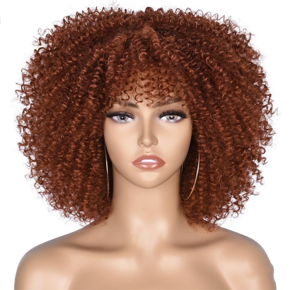 10IN Short Afro Kinky Curly Wig With Bangs Dark Brown Loose Synthetic Wigs Cosplay Fluffy Natural Wigs For Women 350R 10inches