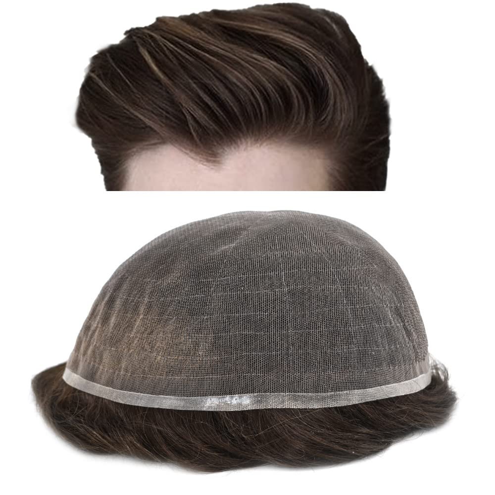 Soft Full French Lace Mens Toupee Human Hair System Toupee For Men Natural Hairline Male Hair Prosthesis Breathable Hairpiece 8"X10" #3 Dark Brown-110% density