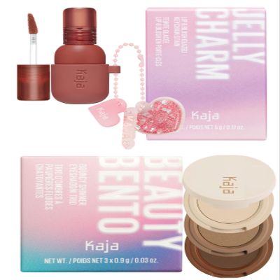 Kaja Lip & Blush Glazed Keychain Stain - Jelly Charm 05 Peach Fizz + Beauty Bento Collection - Bouncy Eyeshadow Trio 14 Neutral Moment, 0.03 Oz Bundle