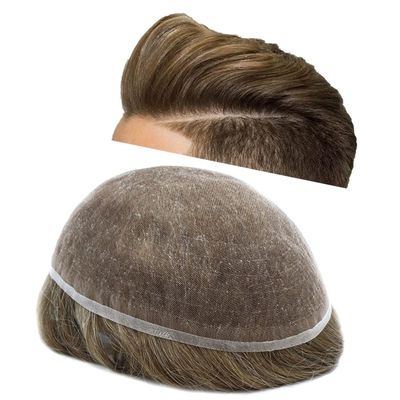 Soft Full French Lace Mens Toupee Human Hair System Toupee For Men Natural Hairline Male Hair Prosthesis Breathable Hairpiece 8"X10" #730 Very Light Brown with 30% gray hair-100% density