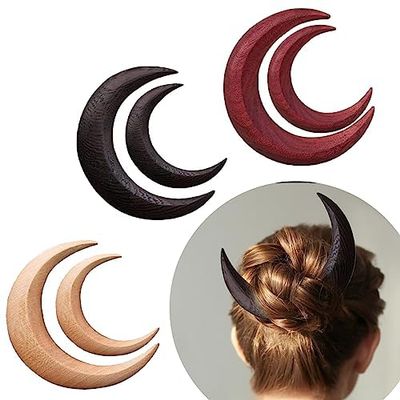 6 Pcs Moon Hair Fork for Women Moon Hairpin Chip Accessories Wood Hair Stick Hand Carved Hair Clip Thin Long Wooden Moon Barrettes Lightweight Hair Styling Tool 2 Sizes (Black/Brown/Wood Color)