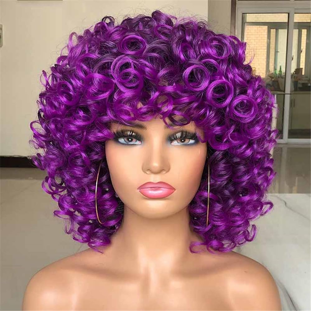 Afro Curly Short Hair Wig With Bangs Loose Synthetic Cosplay Fluffy Shoulder Length Natural Wigs For Black Women YG51F 14inches