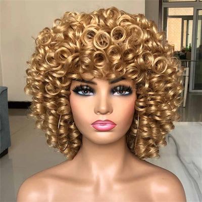 Short Afro Curly Wig Natural Blonde Wigs With Bangs Cosplay Synthetic Wigs Highlight Wigs For Women 27 14inches