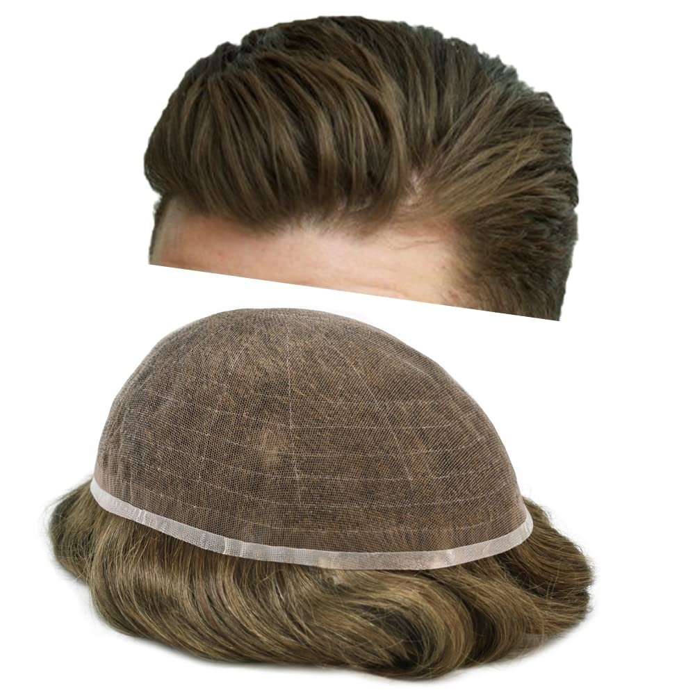Soft Full French Lace Mens Toupee Human Hair System Toupee For Men Natural Hairline Male Hair Prosthesis Breathable Hairpiece 8"X10"#610 Light Brown with 10% gray hair-100% density