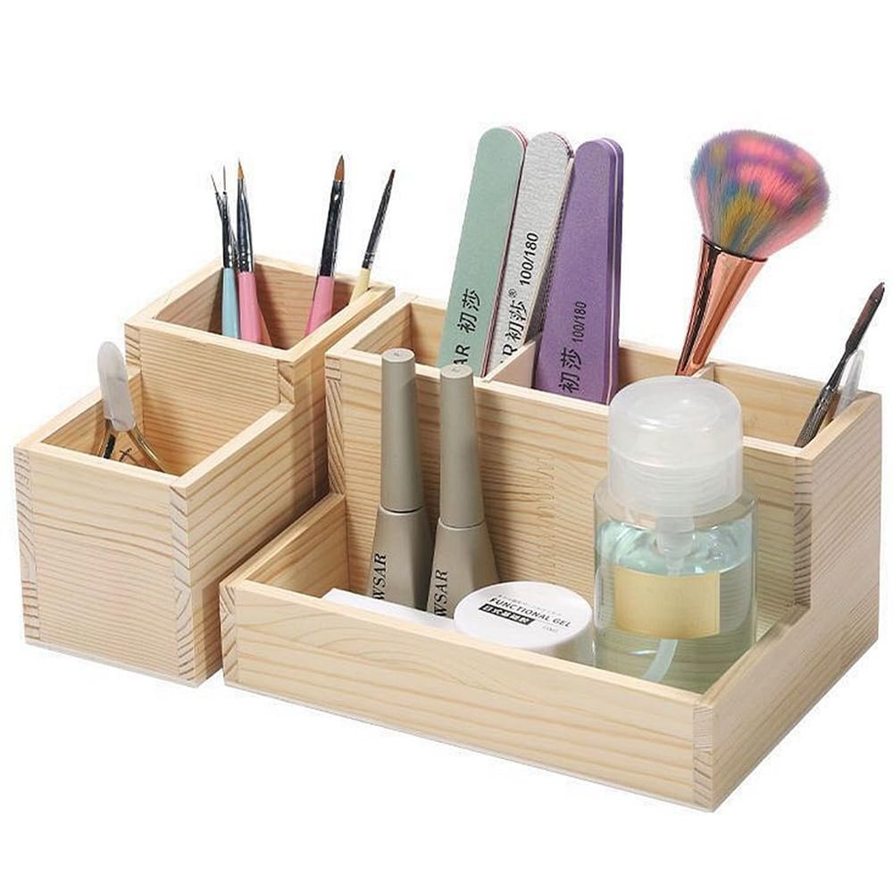 2 pack of wooden desktop office pen holder and dresser nail tools storage box,Skin care product makeup brush cosmetics storage organizer set