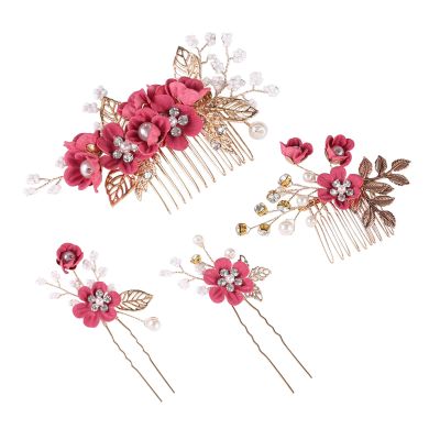 4Pcs Crystal Bride Hair Comb Handmade Wedding Hairpin Pearl Floral Leaf Hair Accessories for Women Wedding (Gold,Plum Red)