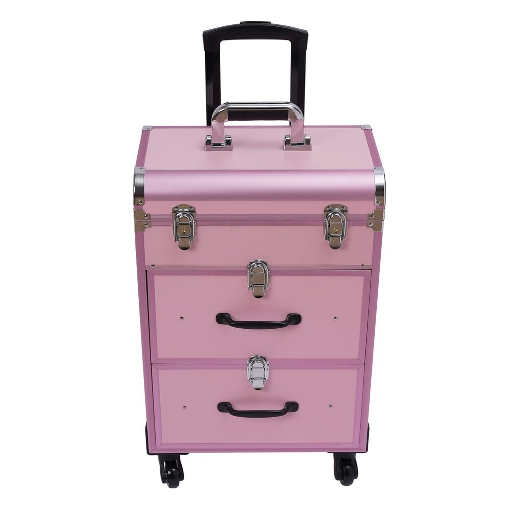 LOHISHILO Professional Rolling Makeup Train Case with Drawers, Large Cosmetic Trolley with Locks, Cosmetics Storage Organizer Make up Case for Travel Makeup, Nail Art, Hair Styling, Pink