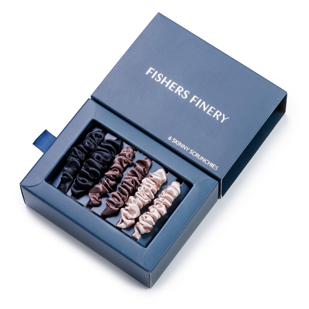 Fishers Finery 25 Momme Pure Mulberry Silk Skinny Scrunchies | Hair Tie Set for Thin Hair (Champagne|Brown|Black- 6 Pk)