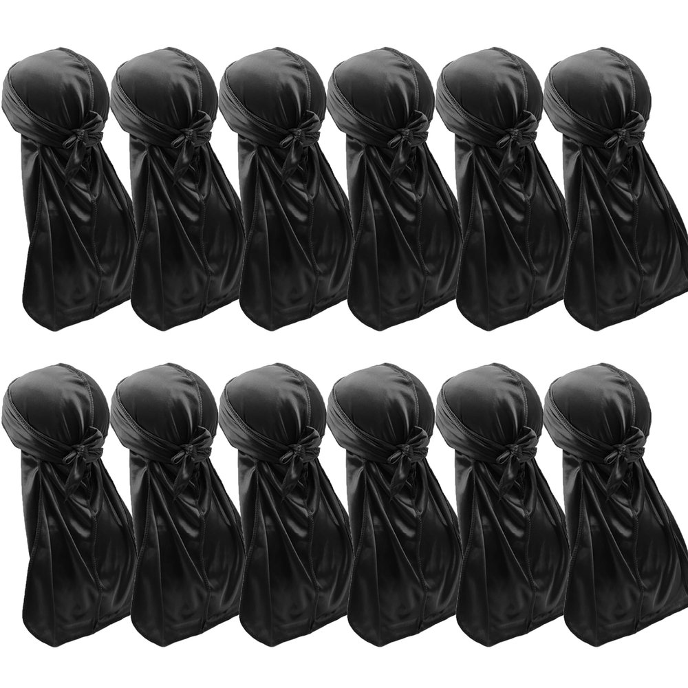 12PCS Silky Durags for Men Women Waves, Satin Do Rags Pack Headwraps Skull Caps with Long Tail and Wide Straps(Black)