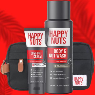 Happy Nuts Starter Sack Bundle Comfort Cream Deodorant, Nut and Body Wash, and Toiletry Bag