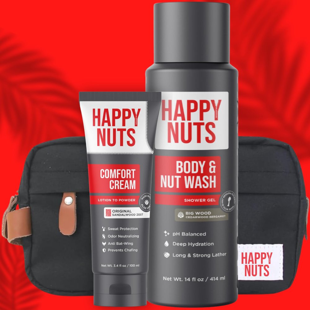 Happy Nuts Starter Sack Bundle Comfort Cream Deodorant, Nut and Body Wash, and Toiletry Bag