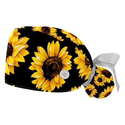 2 Pcs Adjustable Working Caps with Button, Yellow Sunflower Black Bouffant Ponytail Scrub Caps Women Long Hair