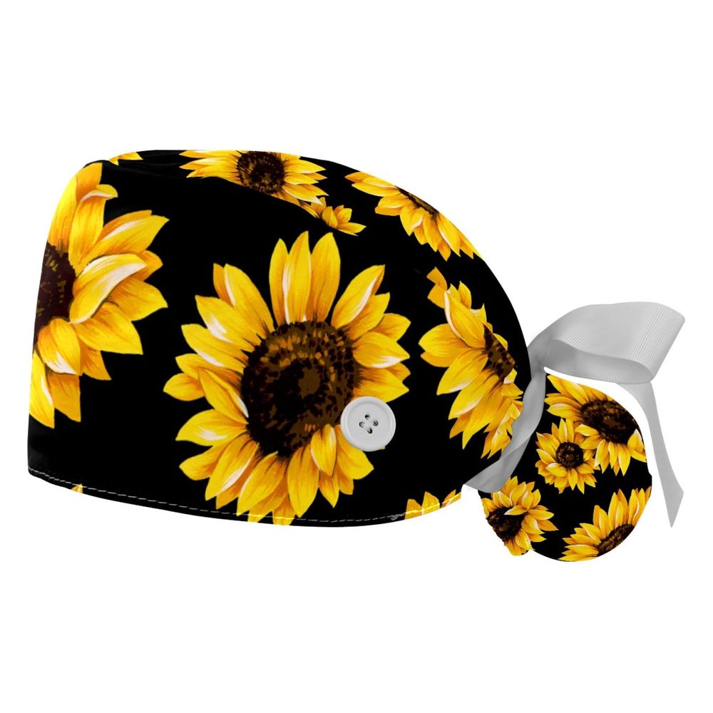 2 Pcs Adjustable Working Caps with Button, Yellow Sunflower Black Bouffant Ponytail Scrub Caps Women Long Hair