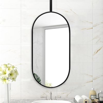 Oval Ceiling Hanging Mirror with Black Metal Framed, Wall Mirror for Bathroom Vanity Make-up Mirrors Washroom Shaving Ceiling Mounted Mirror, Living Room Hanging Mirror (Size : 50cmx60cm)