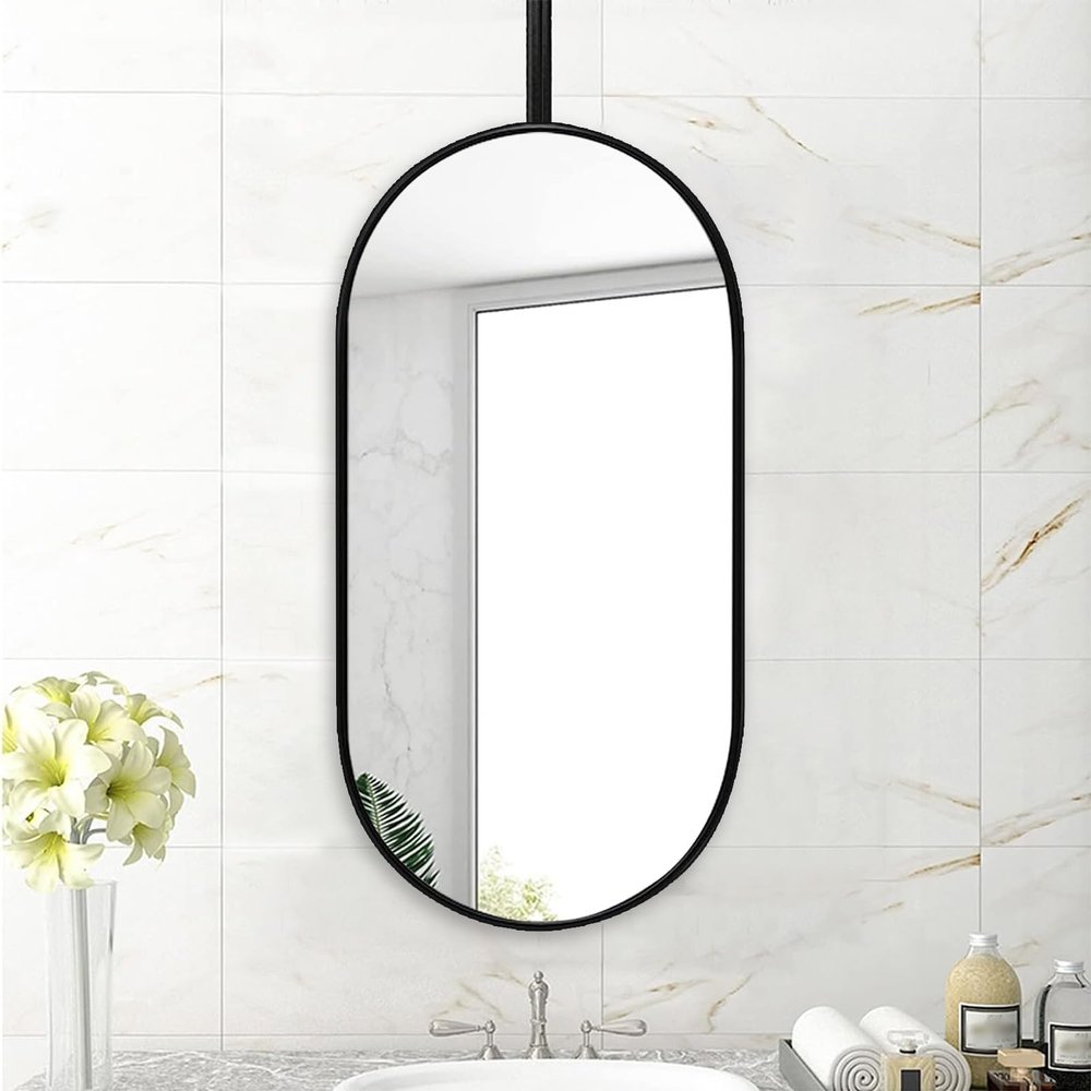 Oval Ceiling Hanging Mirror with Black Metal Framed, Wall Mirror for Bathroom Vanity Make-up Mirrors Washroom Shaving Ceiling Mounted Mirror, Living Room Hanging Mirror (Size : 50cmx60cm)
