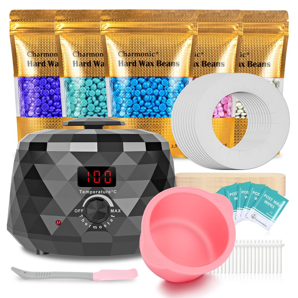 Charmonic Wax Warmer, Upgrade Digital Waxing Kit with Silicone Pot & 500g Hard Wax Beads for Whole Body Brazilian Bikini Legs Armpit Nose Hair Removal, Hot Wax Machine (Black)