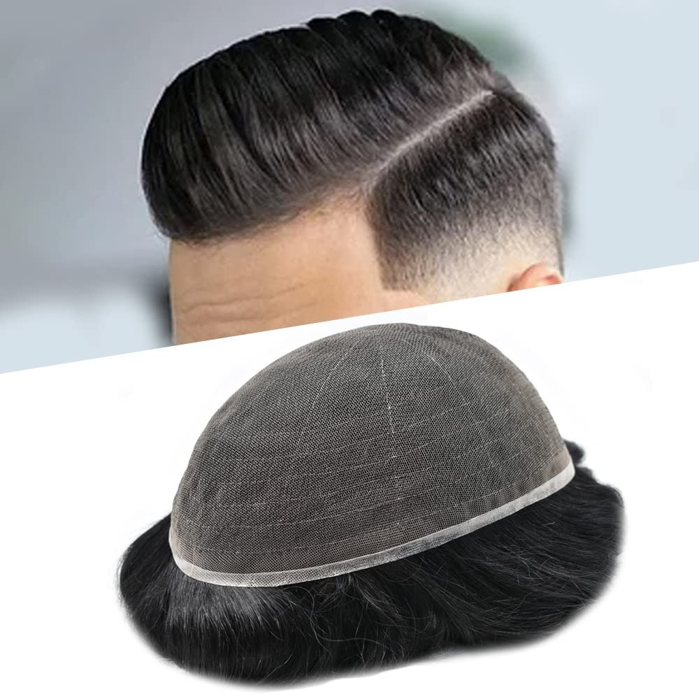 Mens Toupee Wigs Hair System for Men Human Hair Piece Replacement All French Lace Mens Hair Unit Natural Hairline Toupee for Men (7''x9'', #1 Jet Black-110% Light to Medium Density)