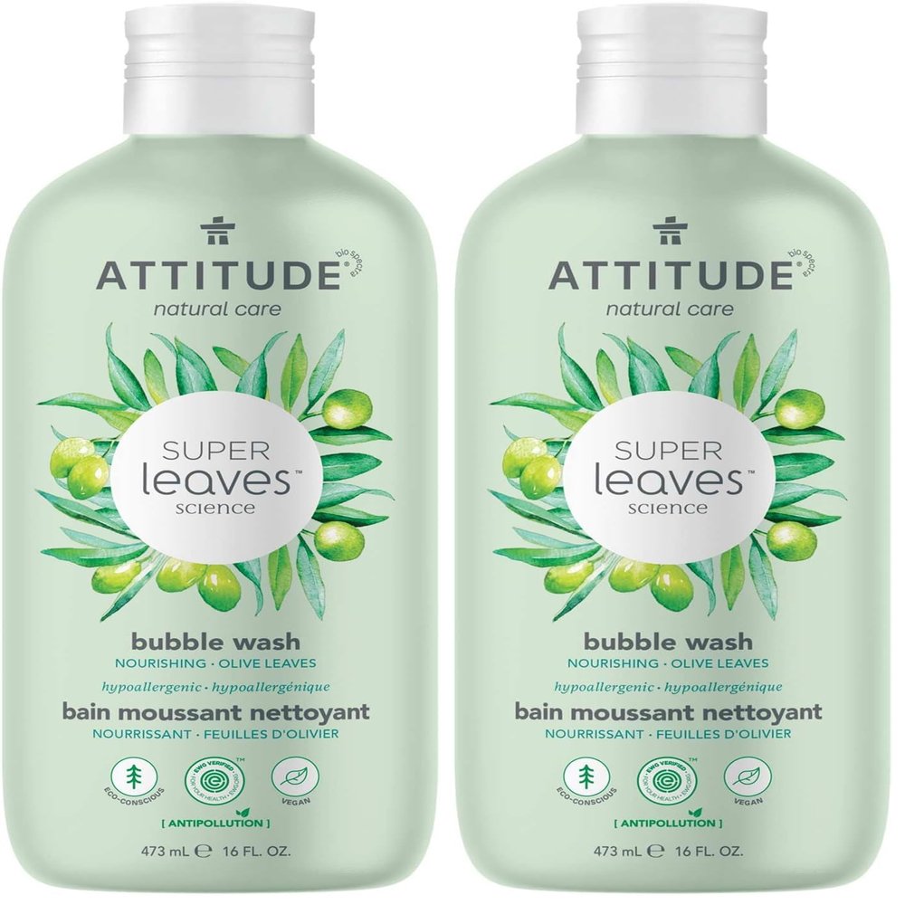 ATTITUDE Bubble Bath, EWG Verified, Plant and Mineral-Based Ingredients, Dermatologically Tested, Vegan and Cruelty-Free Body Care Products, Olive Leaves, 16 Fl Oz (Pack of 2)