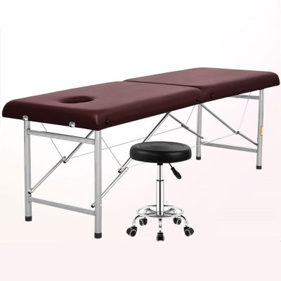 Professional Massage Table Portable, 2 Fold Lash Bed, Generic Portable Massage Table with Stool, with 5cm High Density Sponge, Environmentally Friendly PU Leather ( Color : Brown , Size : 180*60*65cm-