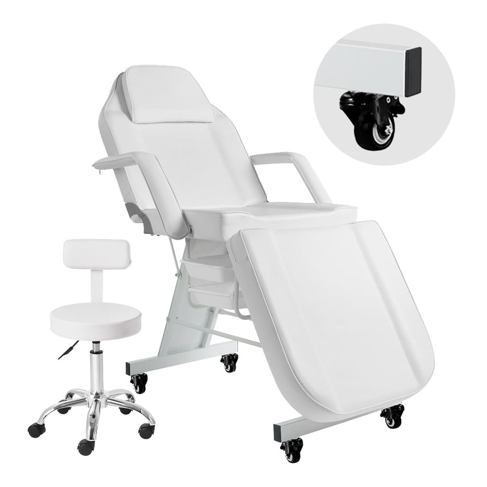 V VDLONSY Facial Chair with Wheels Tattoo Chair 73inch Adjustable Tattoo Bed for Client Massage Table with Stool Massage Table Facial Bed for Spa Beauty Esthetician White