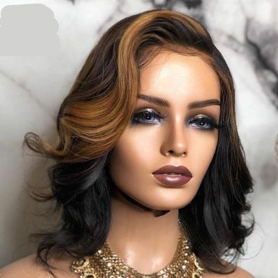 13x4 Black And Brown Short Curly Pre Plucked Lace Front Human Hair Wigs Black And Brown