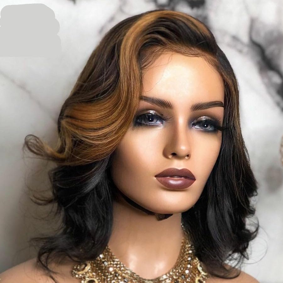 13x4 Black And Brown Short Curly Pre Plucked Lace Front Human Hair Wigs Black And Brown