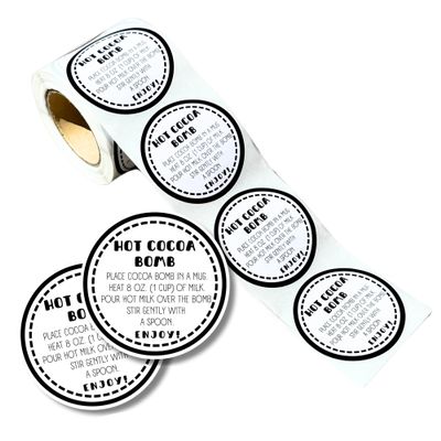 Hot Cocoa Bomb Stickers for Box | 250/roll Bulk Packaging 2 Label Tag Instructions Ingredients for Holiday Christmas Black and White Minimalist