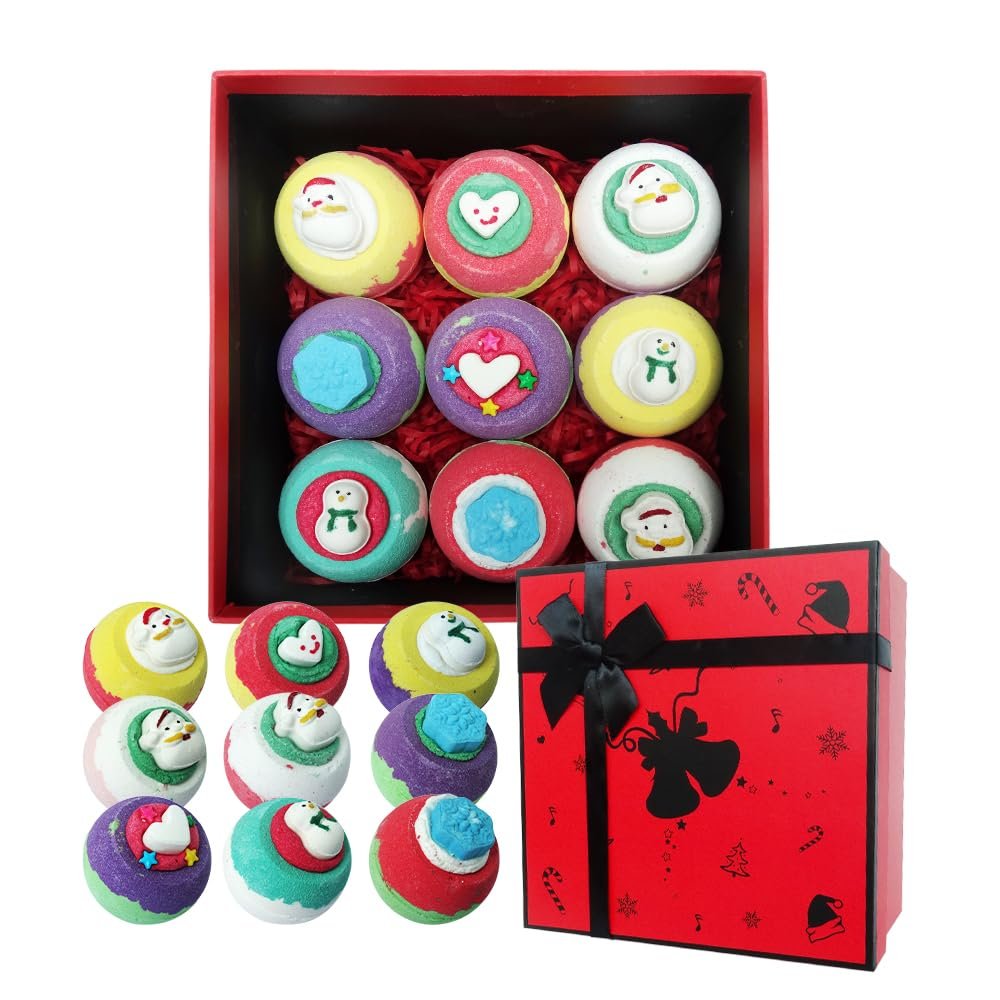 KAV Bath Bombs - 9 Pcs Organic Bath Bombs for Kids in Christmas Box, All Natural Scented Bubble Bathbombs for Women - Essential Oil for Relaxing Baths Women Children Men