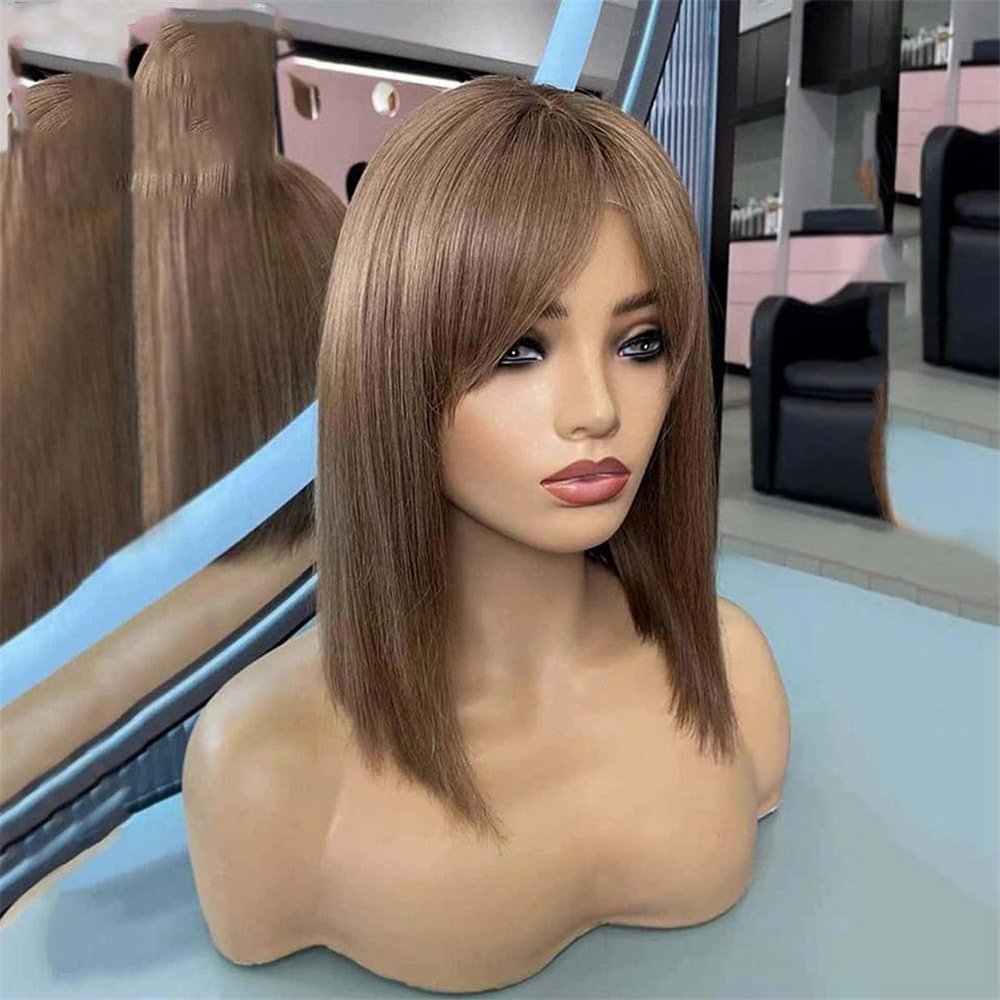 13X6 Chestnut Brown Short Bob Wig With Bangs Brazilian 13X4 Short Straight Lace Front Wigs For Women 4x4 Closure Wig 8inches#150 Density