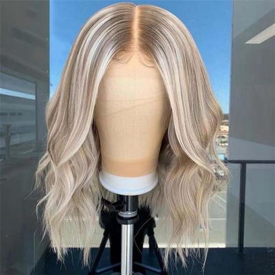 13X6 Brown Platinum Blonde Highlight Wig Short Wavy Bob Wig 13X4 Ombre Hd Lace Front Human Hair Wigs For Women 4x4 Closure Wig 14inches#150%