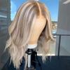 13X6 Brown Platinum Blonde Highlight Wig Short Wavy Bob Wig 13X4 Ombre Hd Lace Front Human Hair Wigs For Women 4x4 Closure Wig 14inches#150% view 3