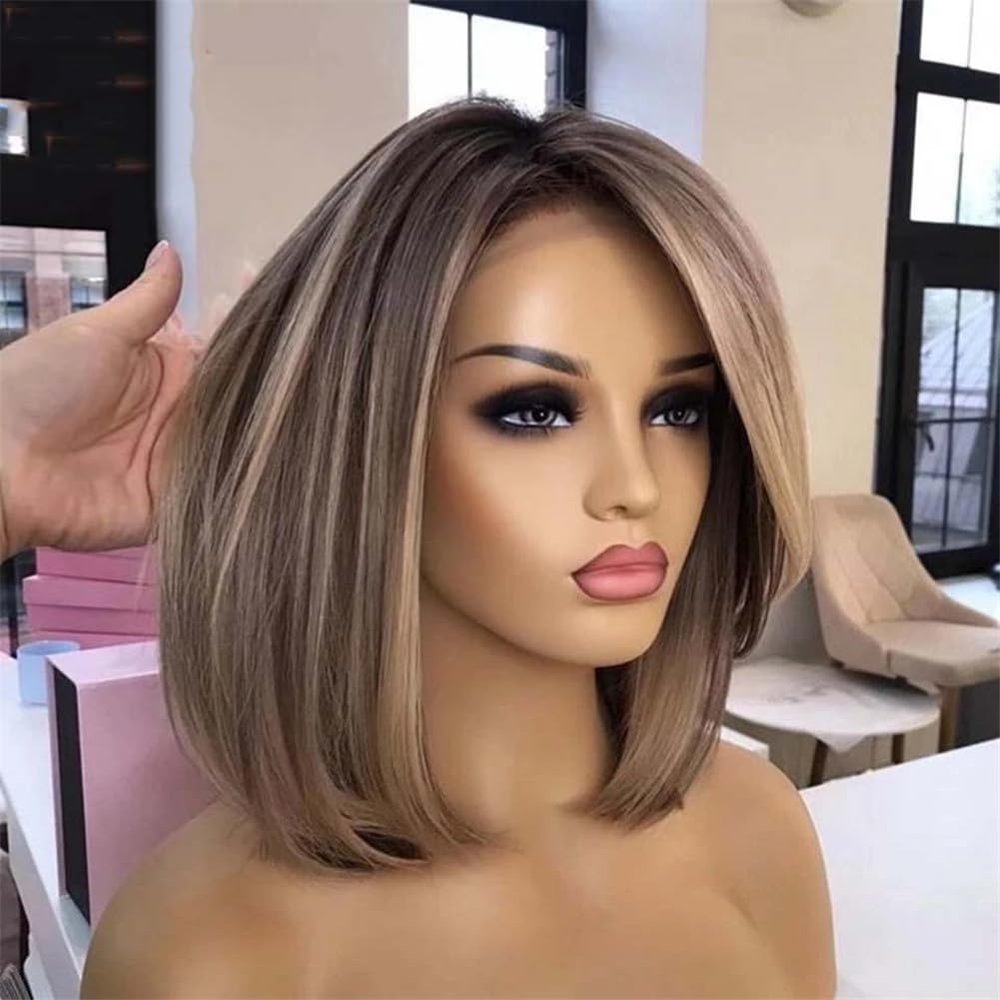 13X4 Brown Bob Wig Short Straight Human Hair Wigs 13X6 Hd Lace Frontal Wig Ash Blonde Highlight Wig 4x4 Closure Wig 8inches#130%