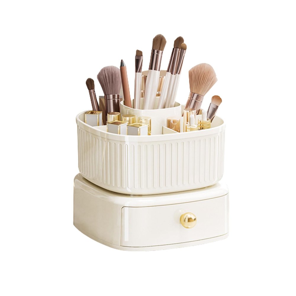 360 Rotating Makeup Brush Holder, 5 Slots Makeup Desk Organizer, Cosmetic Display cases With drawer, Makeup Organizer for Vanity, Bedroom Decor, Bathroom Organizer